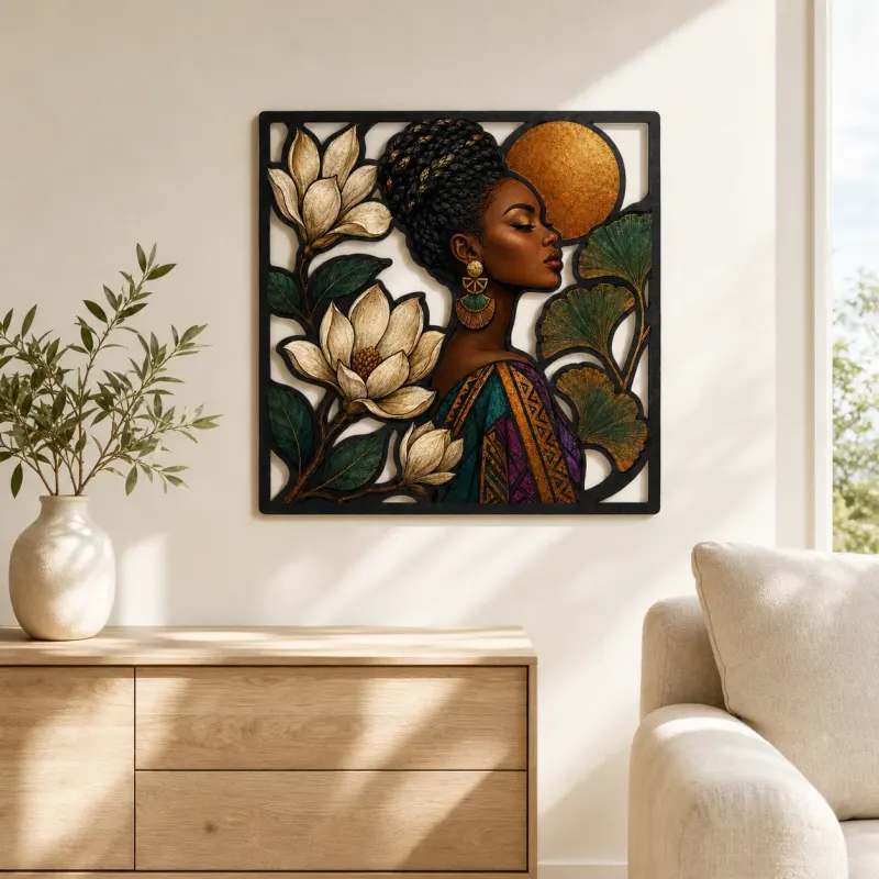 Afro Woman with Magnolia Flowers and Copper Moon Colorful Metal Wall Art