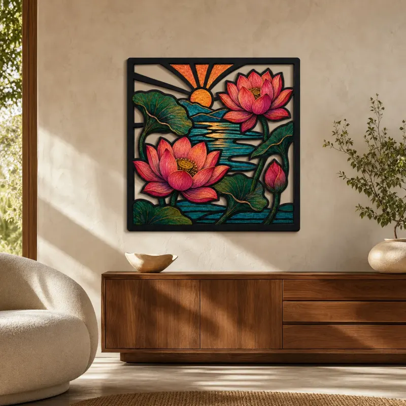 Rosa Lotusblüten-Pond unter strahlendem Sonnenaufgang - Bunte Metall-Wandkunst