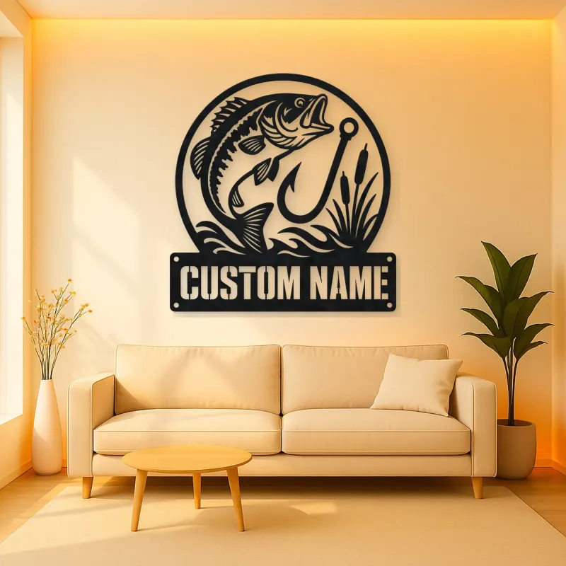 Personalized Largemouth Bass Fishing Metal Wall Art with Hook