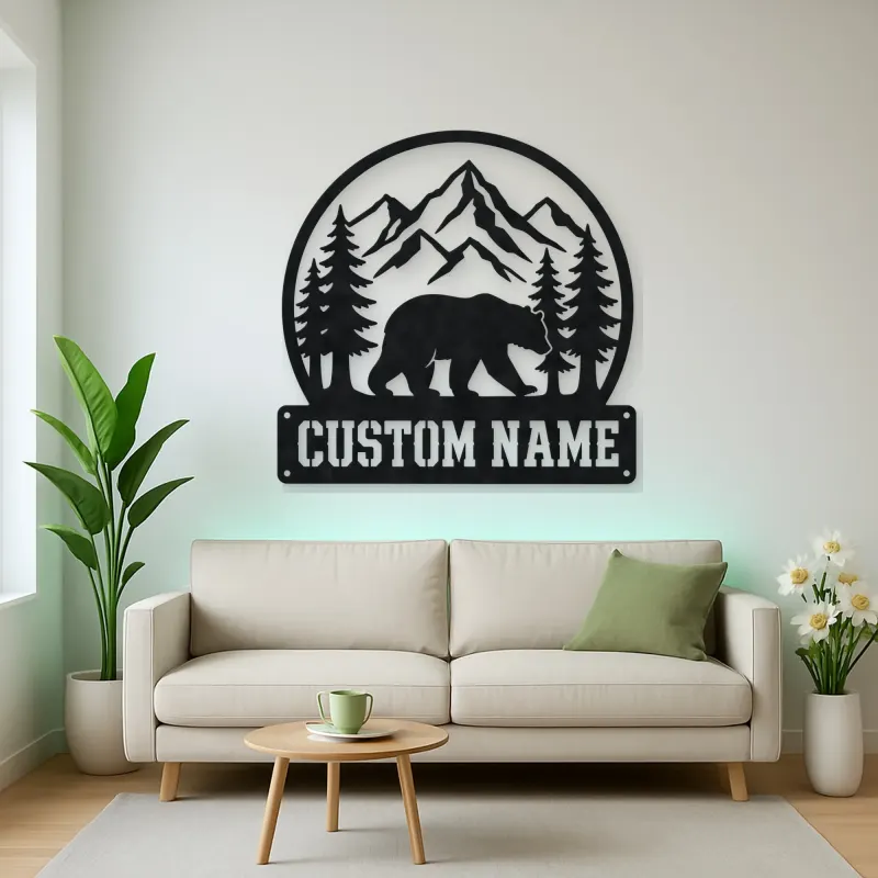 Personalized Bear and Pine Forest Metal Wall Art