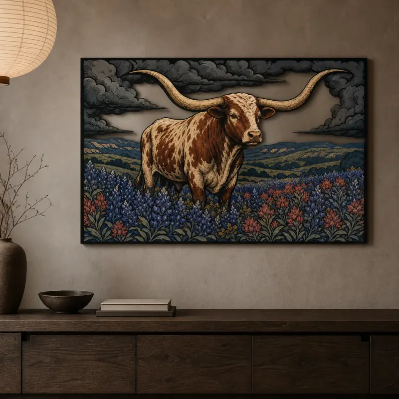 Texas Longhorn in Bluebonnet Field beneath Storm Clouds Colorful Metal Wall Art