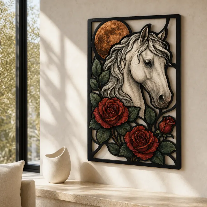 White Horse with Red Roses and Full Moon Colorful Metal Wall Art