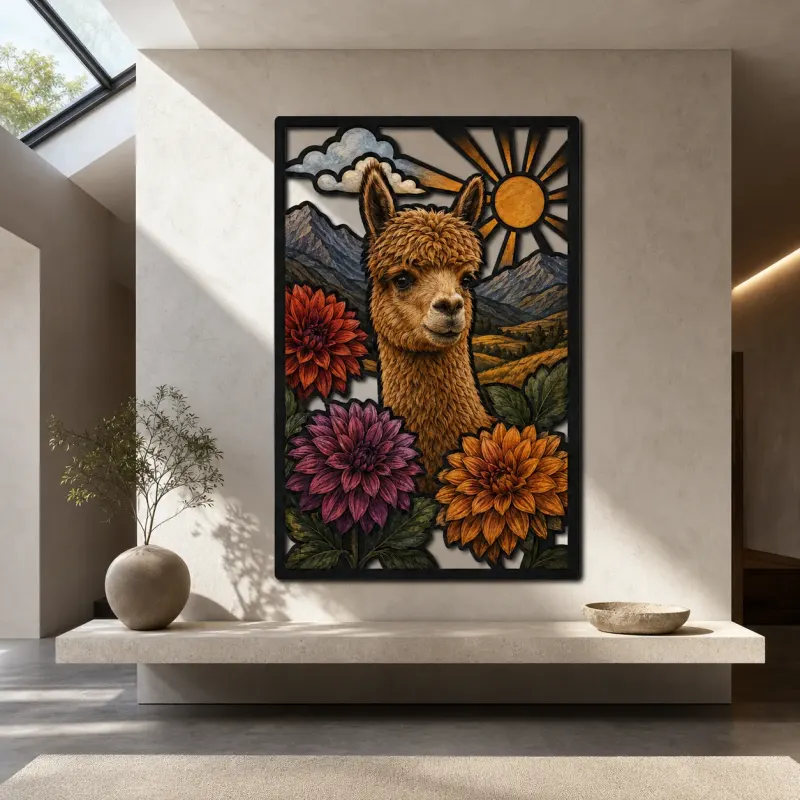 Alpaca with Dahlias in Mountain Landscape Colorful Metal Wall Art