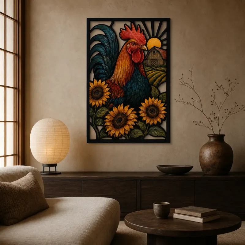 Colorful Rooster with Sunflowers by Rustic Barn Metal Wall Art