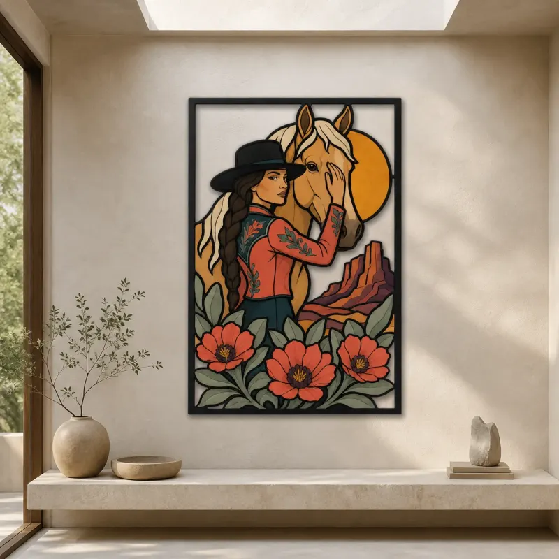Cowgirl with Palomino Horse and Desert Poppies Colorful Metal Wall Art