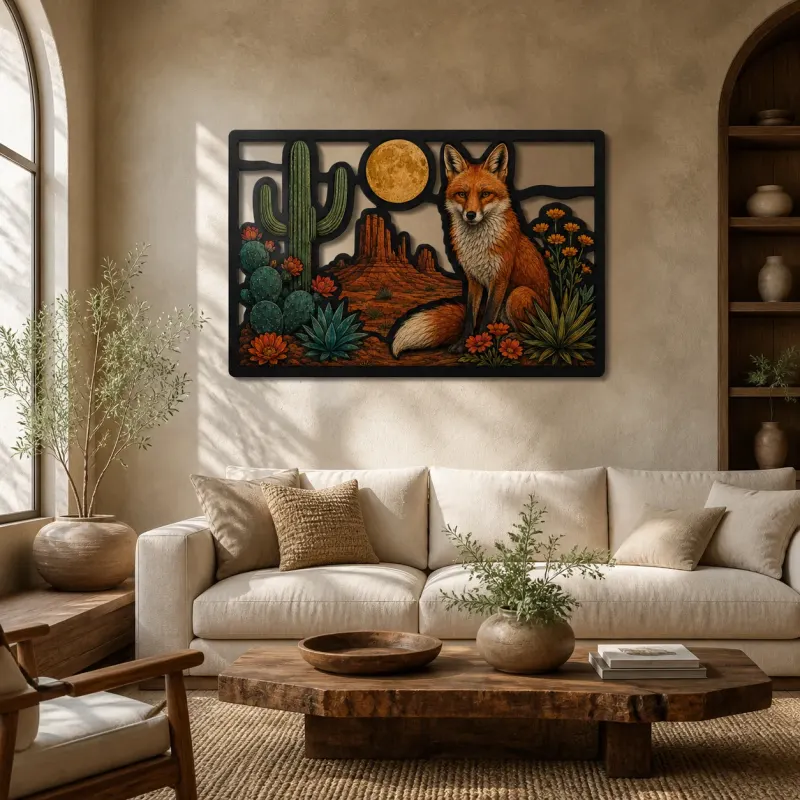 Bunte Metall-Wandkunst mit rotem Fuchs zwischen Kakteen und Wüstenwildblumen