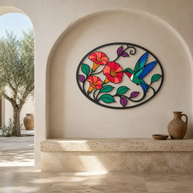 Hummingbird with Trumpet Flowers in Oval Frame Colorful Metal Wall Art