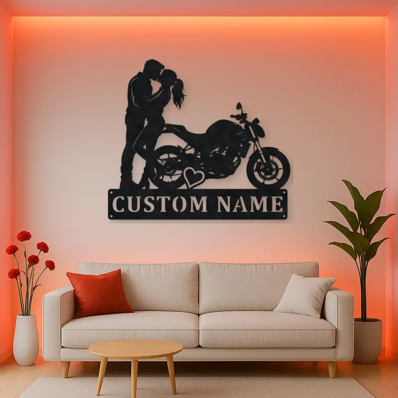 Personalized Kissing Couple Motorcycle Metal Wall Art with Heart