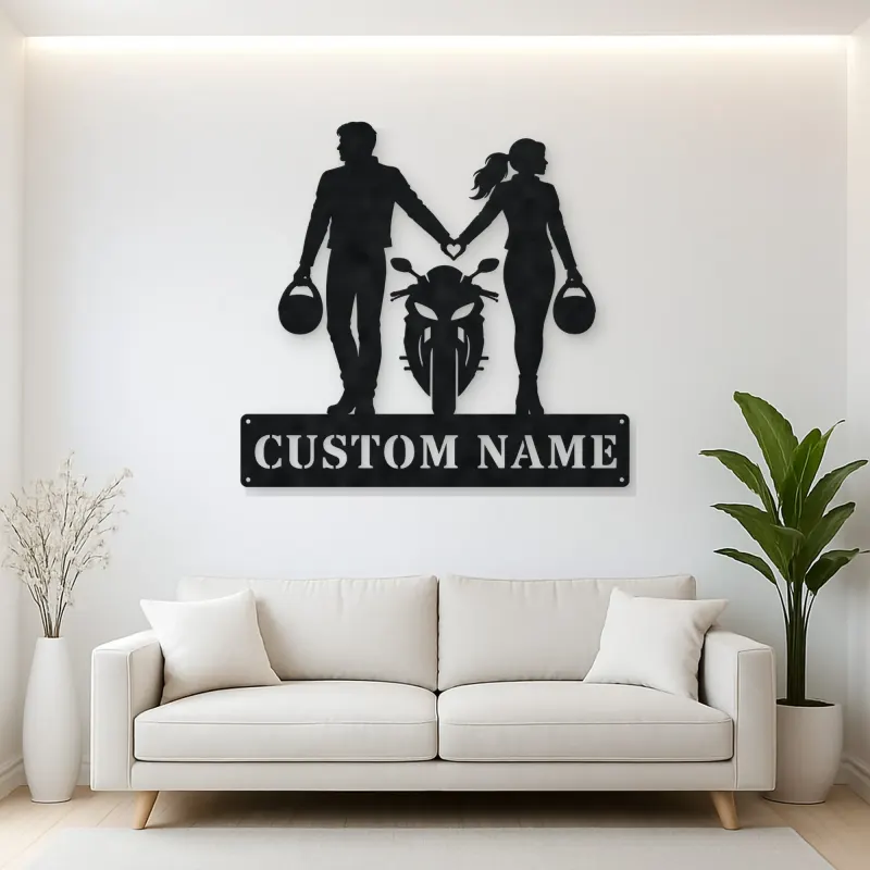 Personalized Helmet Holding Motorcycle Couple Metal Wall Art
