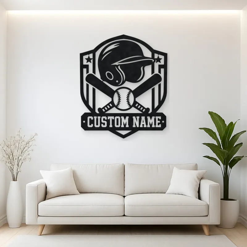 Personalized Baseball Helmet Crossed Bats Shield Metal Wall Art