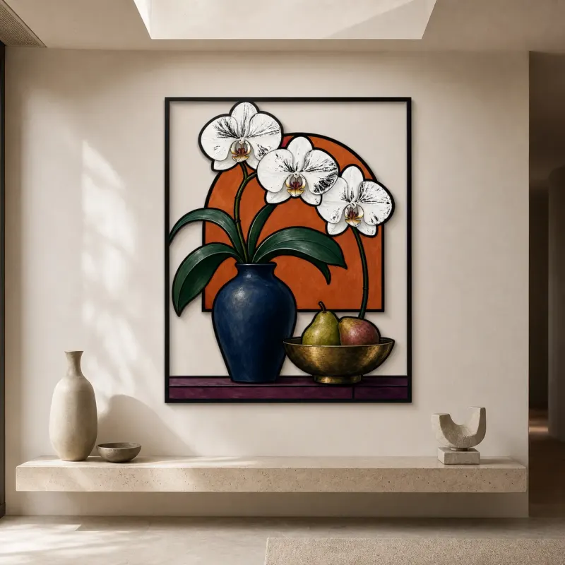 White Orchids in Blue Vase with Fruit Colorful Metal Wall Art
