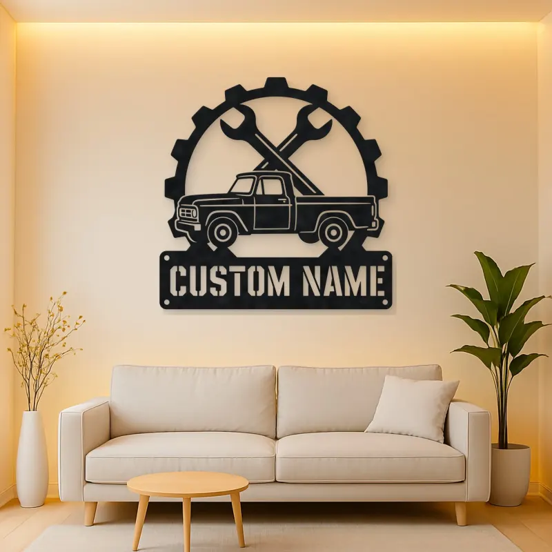 Personalized Vintage Pickup Truck Metal Wall Art with Wrench Detail