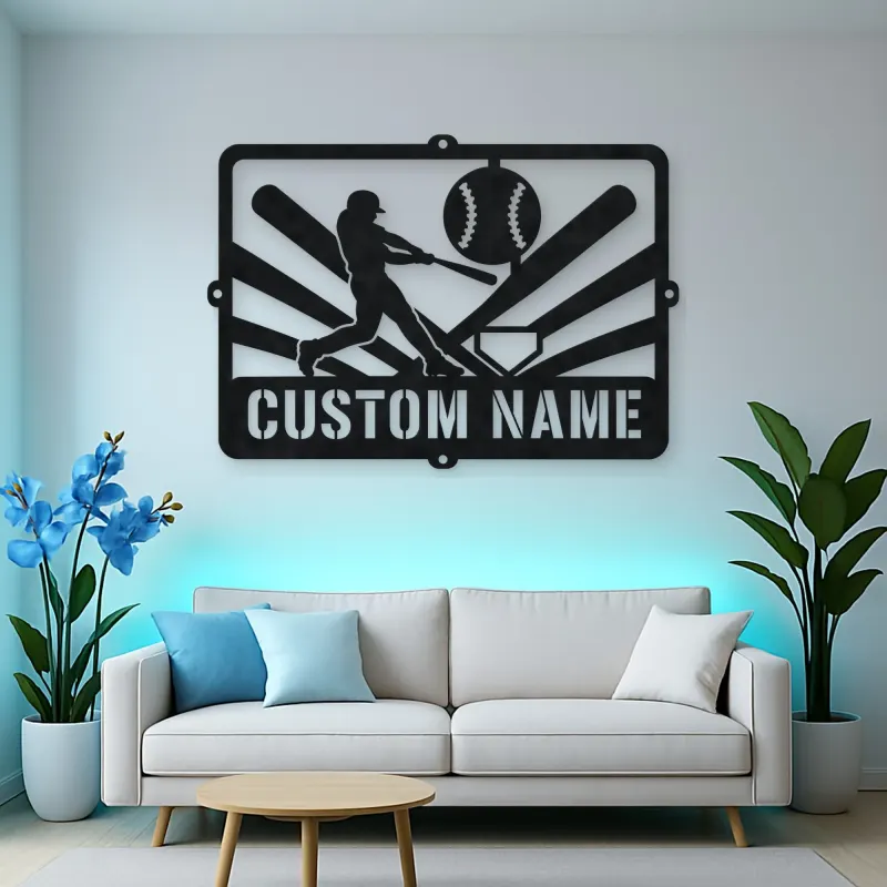 Personalized Baseball Batter Metal Wall Art with Ball Diamond