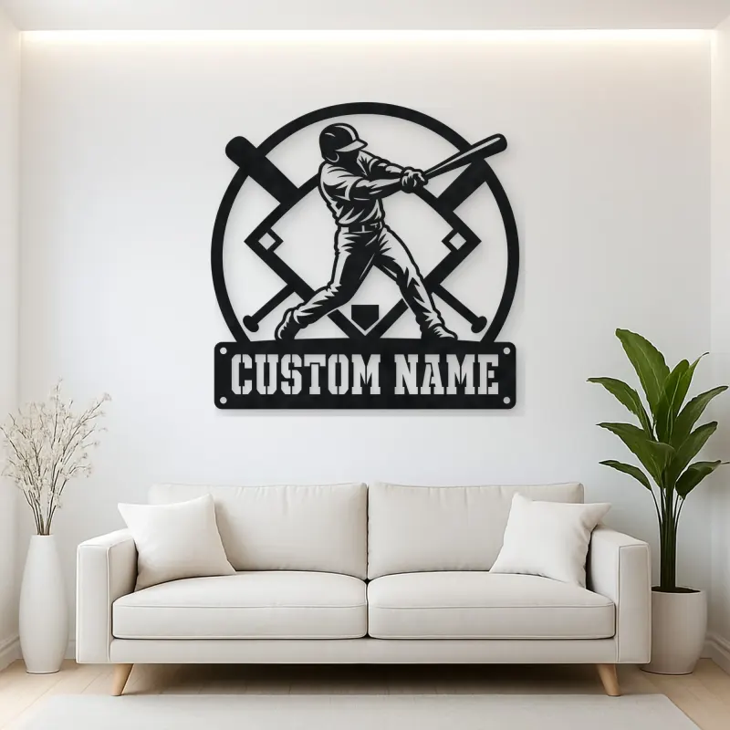 Personalized Baseball Batter Metal Wall Art with Crossed Bats