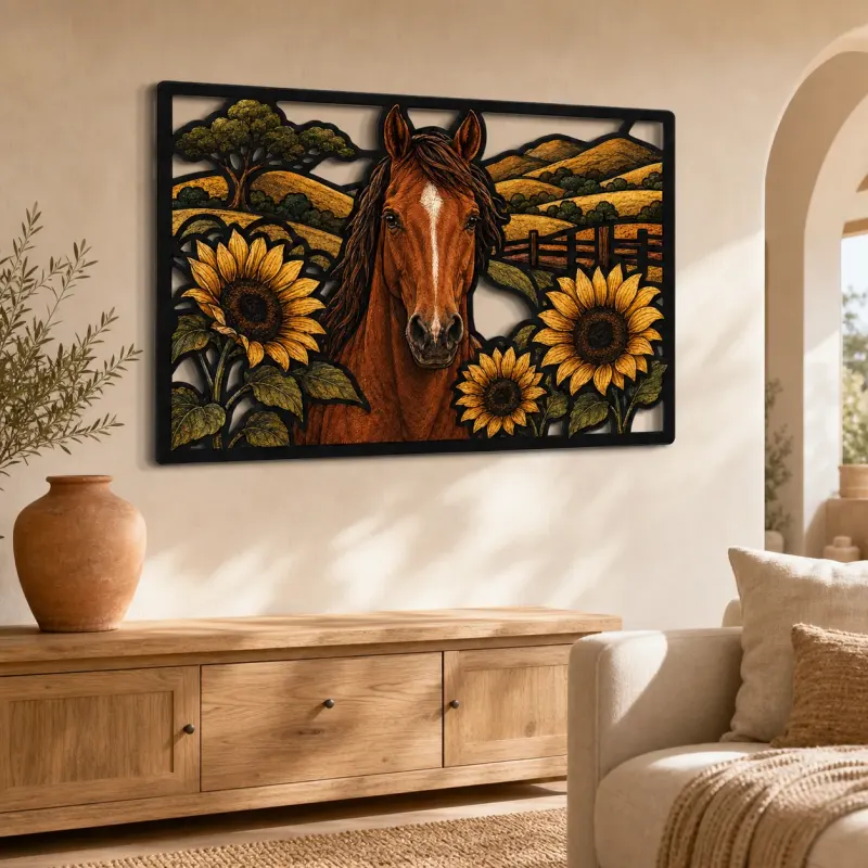 Bay Horse with Sunflowers and Rolling Hills Colorful Metal Wall Art