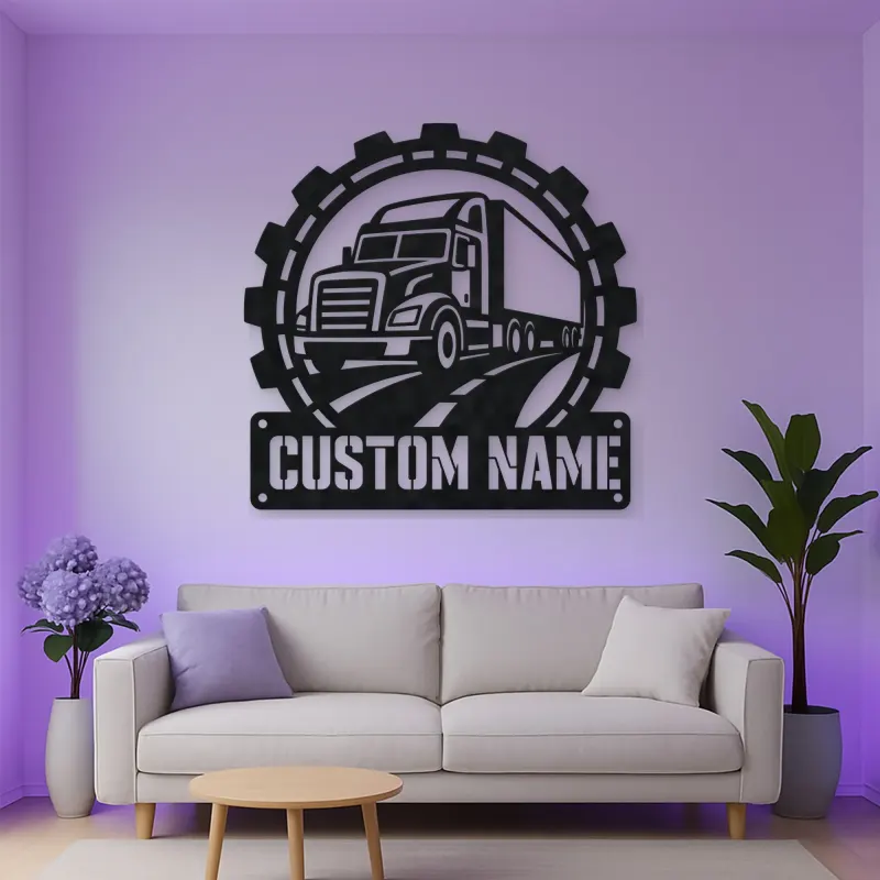 Personalized Semi Truck Metal Wall Art with Gear Frame