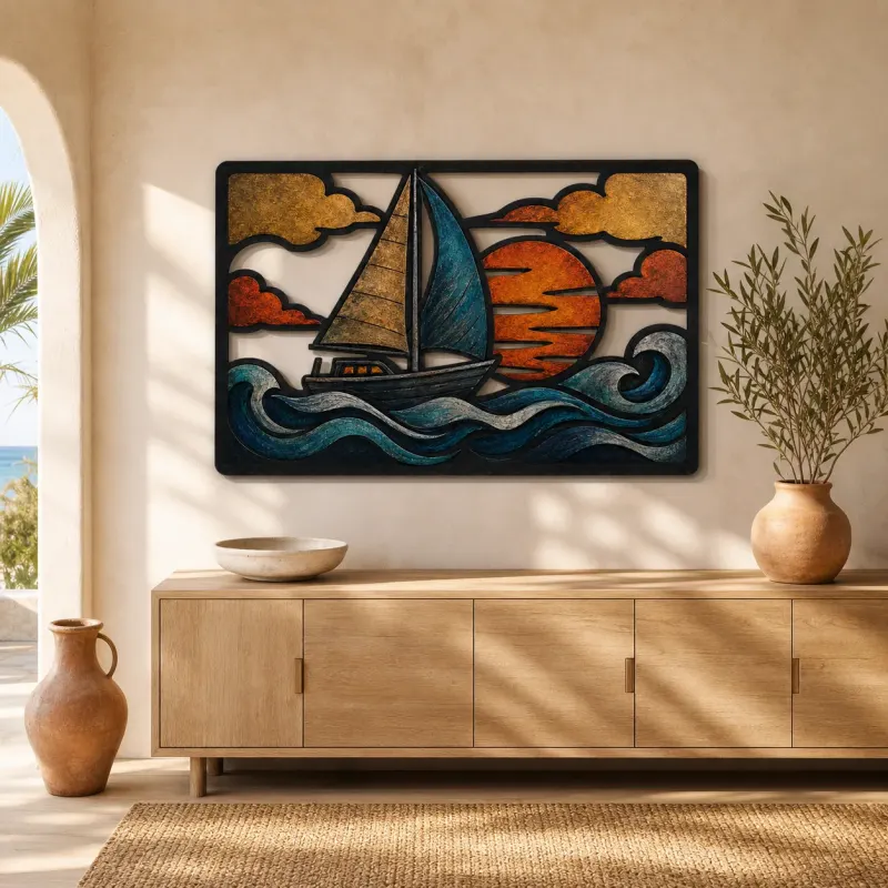 Sailboat on Rolling Ocean Waves at Sunset Colorful Metal Wall Art