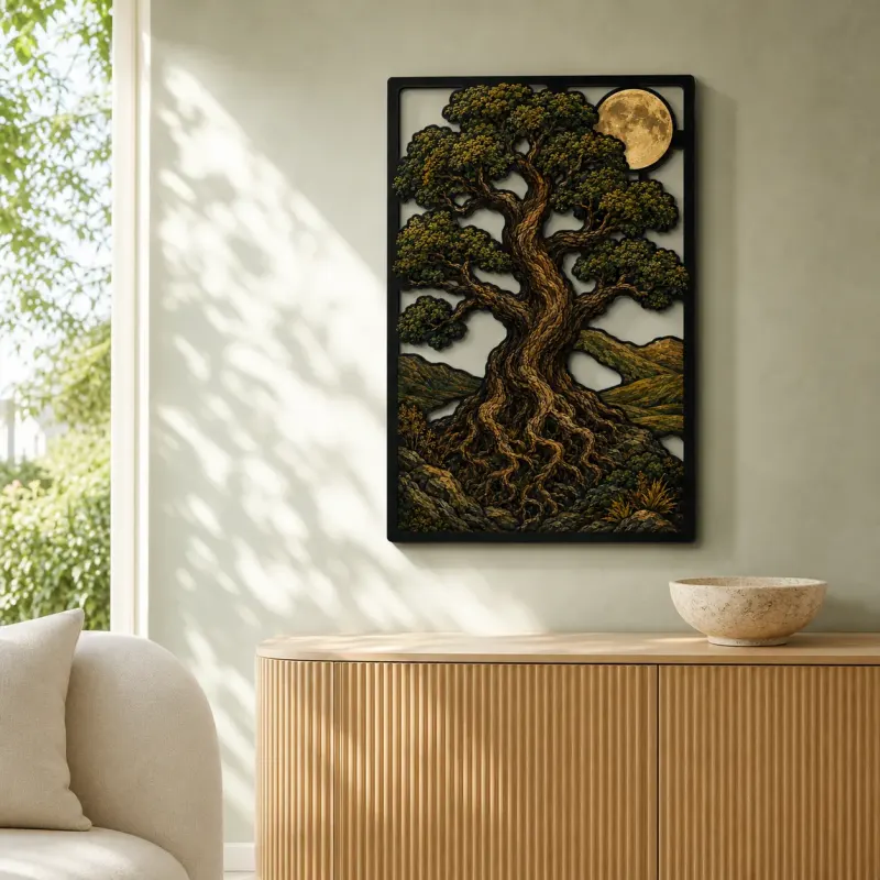 Ancient Oak Tree of Life beneath Full Moon Colorful Metal Wall Art