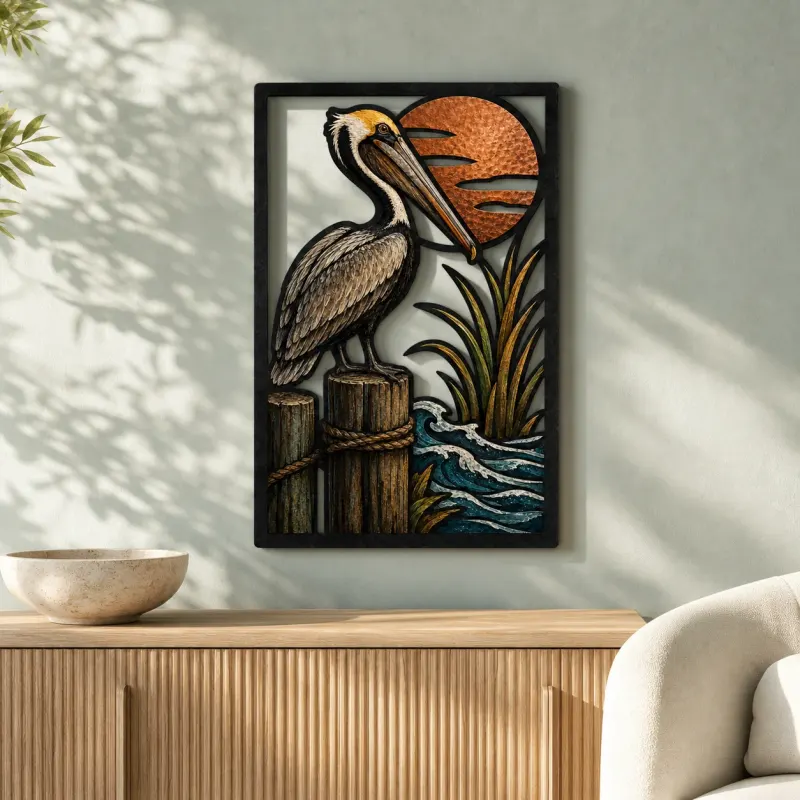 Pelican on Pier with Reeds and Ocean Sun Colorful Metal Wall Art