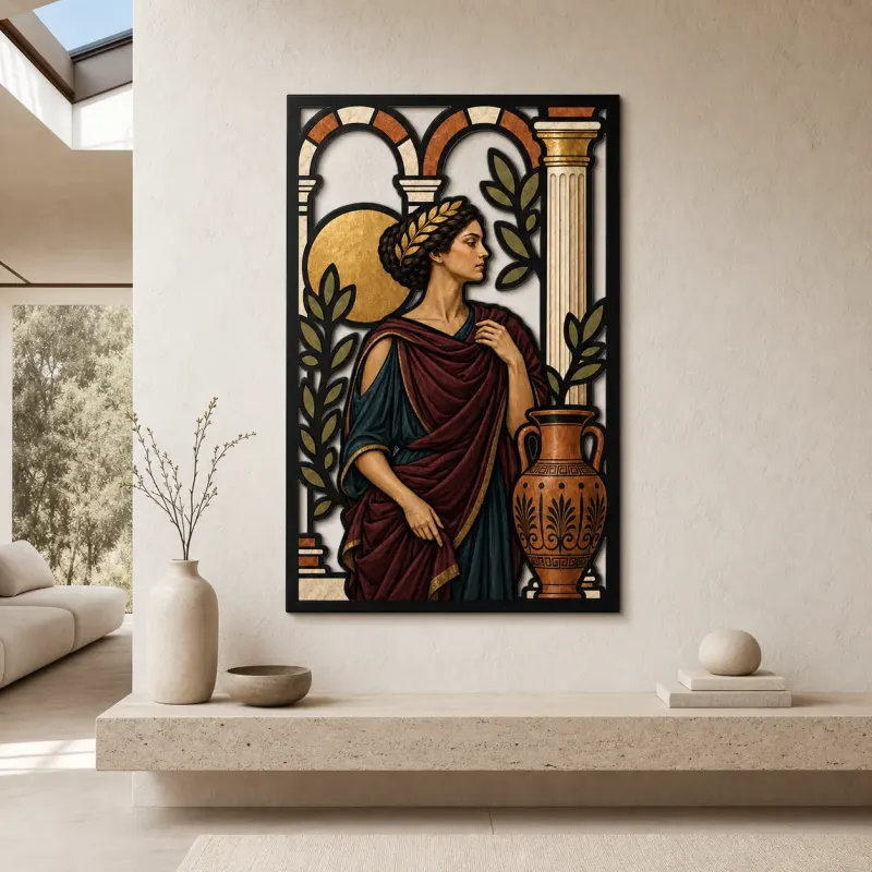 Classical Greek Woman with Pottery beneath Arches Colorful Metal Wall Art