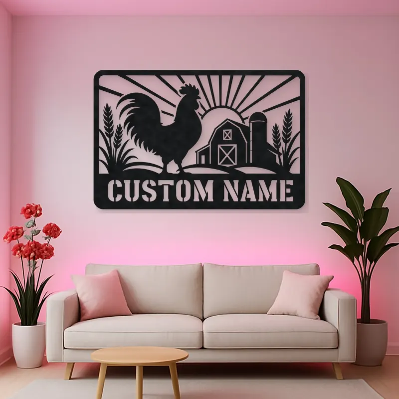 Personalized Rooster Farm Metal Wall Art with Barn Scene