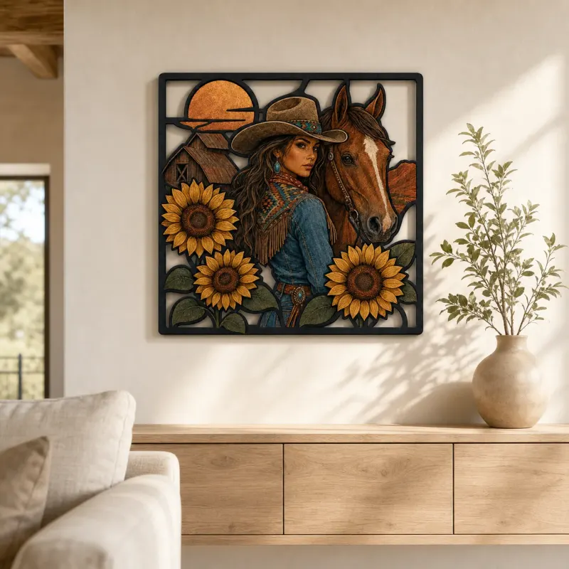 Cowgirl with Horse Sunflowers and Western Barn Colorful Metal Wall Art