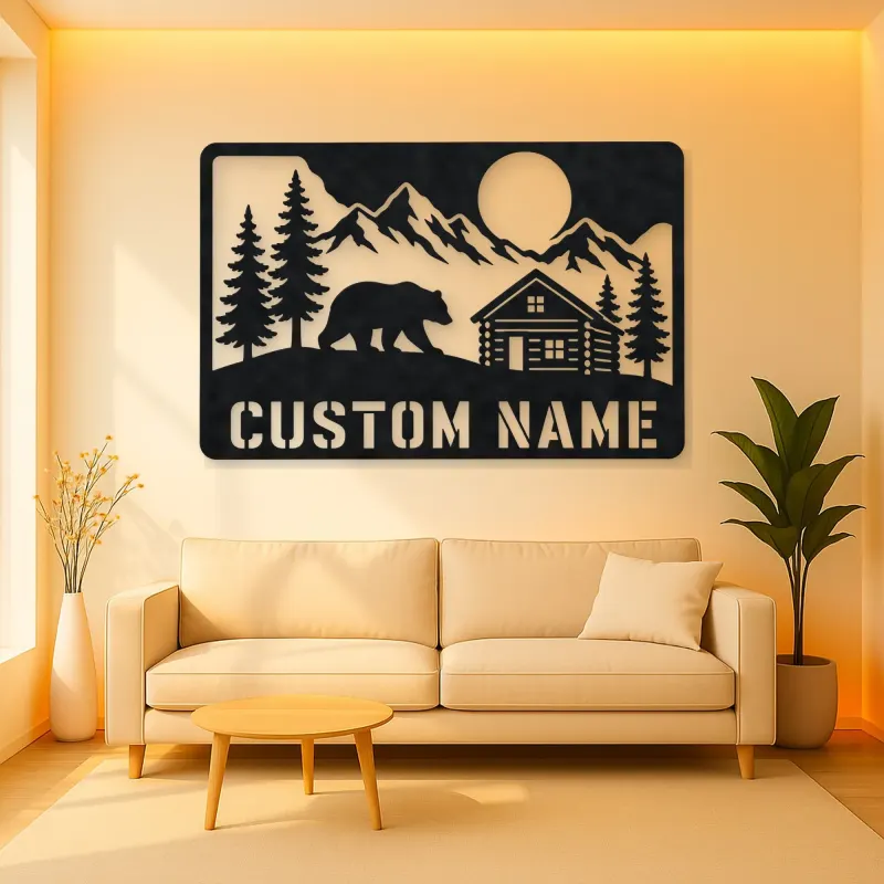 Personalized Bear and Log Cabin Metal Wall Art