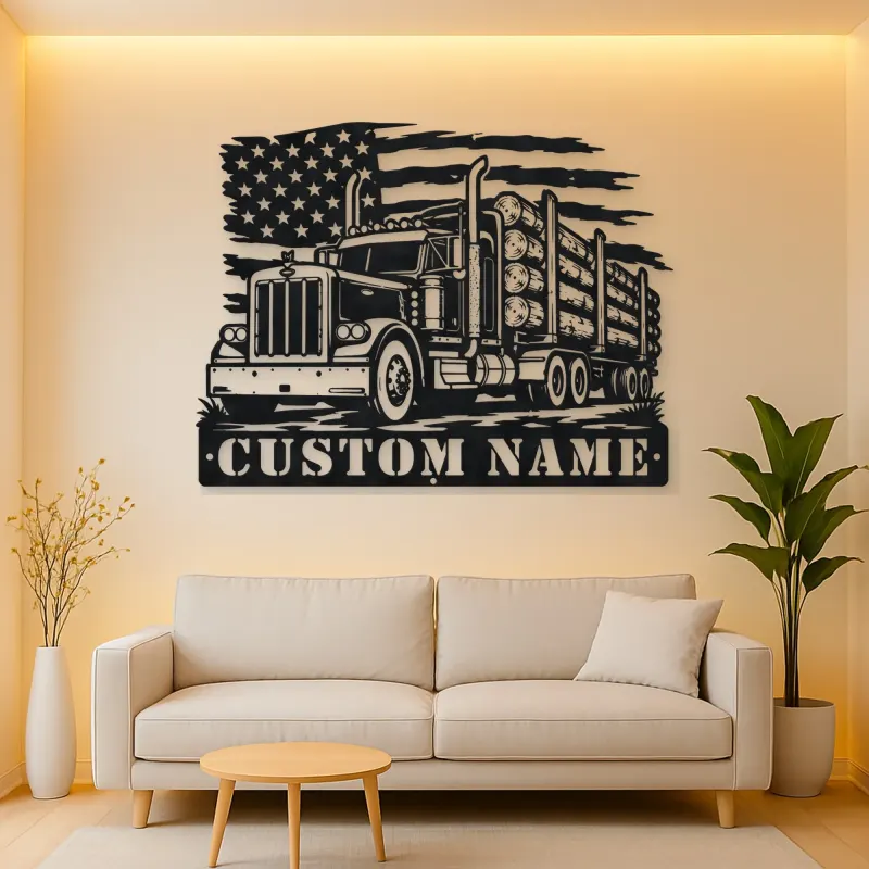 Personalized Logging Semi Truck Metal Wall Art with American Flag