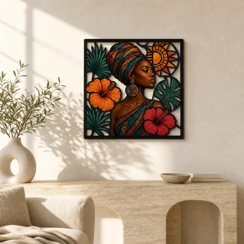 Afro Woman in Headwrap with Tropical Hibiscus Colorful Metal Wall Art