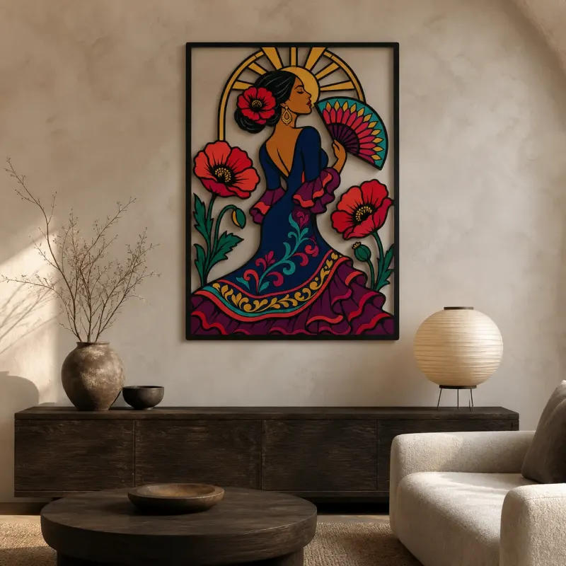 Flamenco Dancer with Colorful Fan and Red Poppies Metal Wall Art