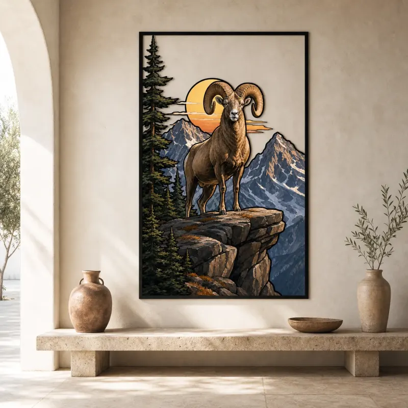 Bighorn Ram on Mountain Cliff at Sunset Colorful Metal Wall Art