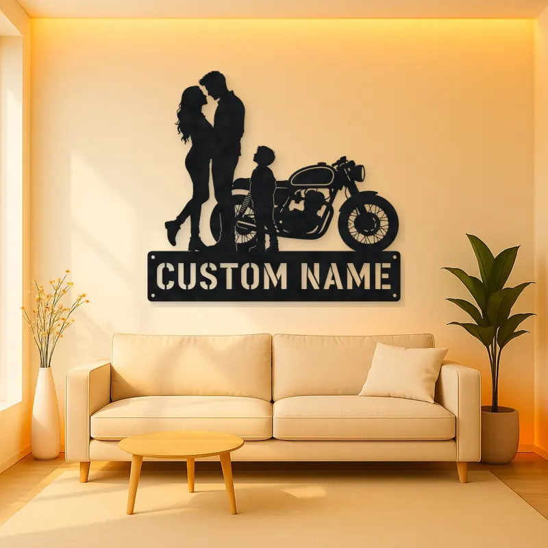 Personalized Cafe Racer Family of Three Metal Wall Art