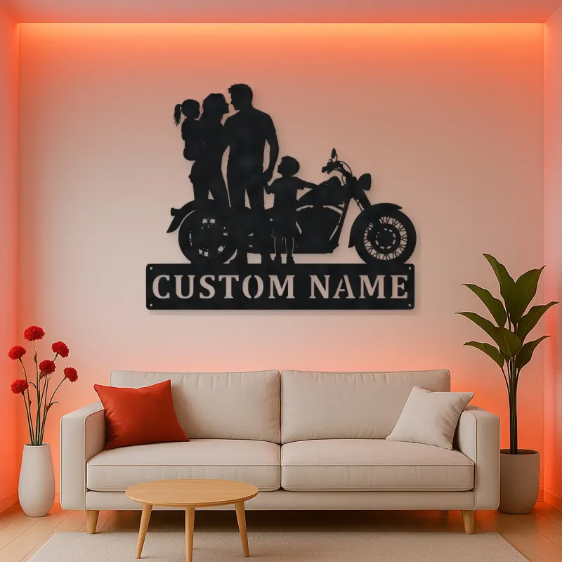 Personalized Classic Motorcycle Family with Toddler Metal Wall Art