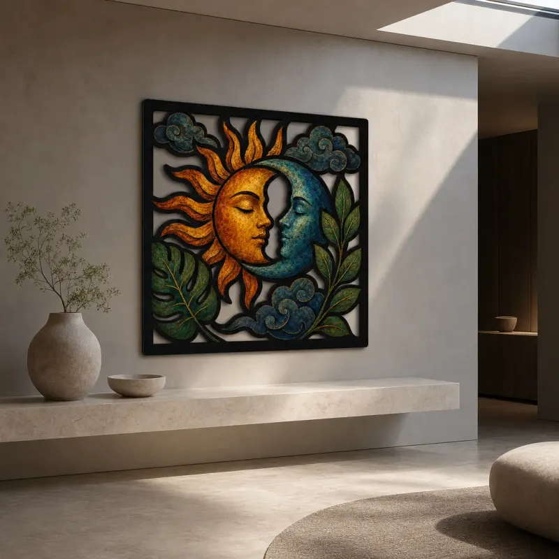Sun and Moon Faces with Tropical Leaves Colorful Metal Wall Art