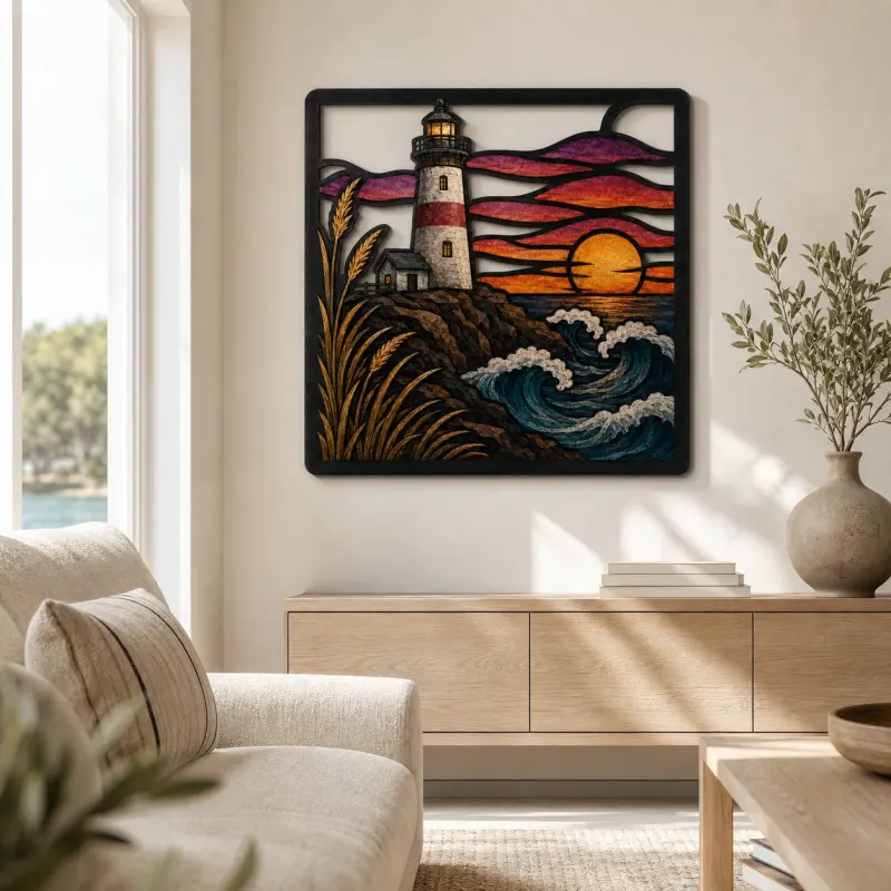 Coastal Lighthouse with Waves at Colorful Sunset Metal Wall Art