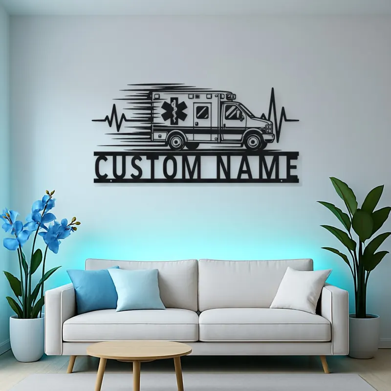 Personalized Side View Ambulance Heartbeat Metal Wall Art