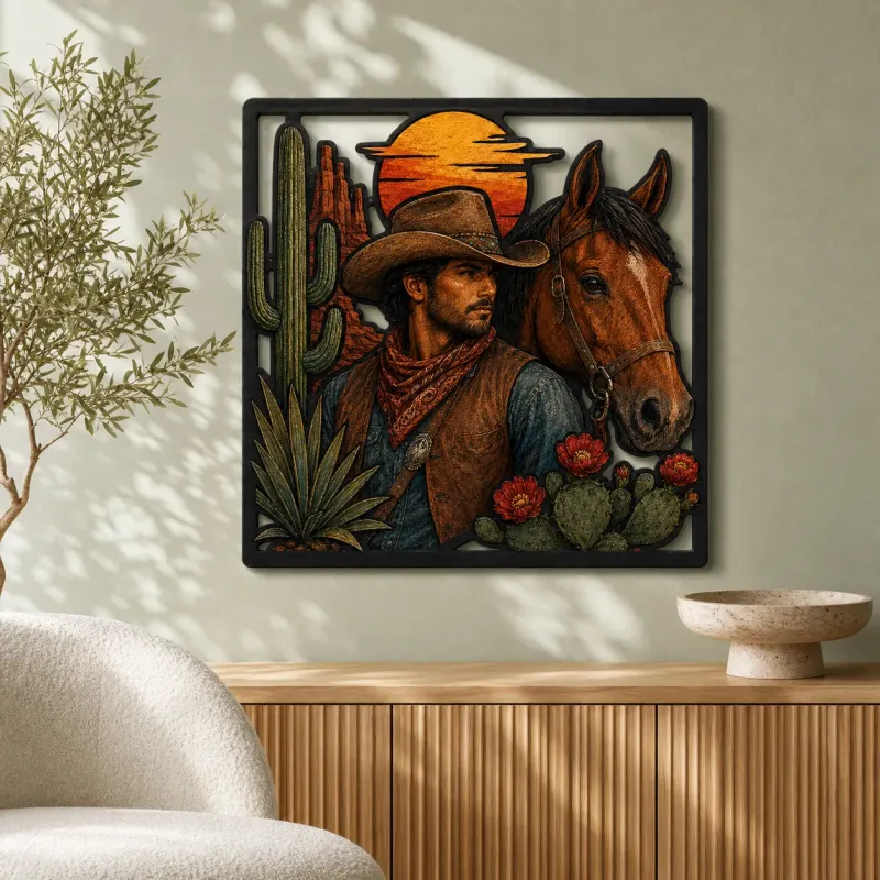 Cowboy with Bay Horse Cactus and Wildflowers Colorful Metal Wall Art
