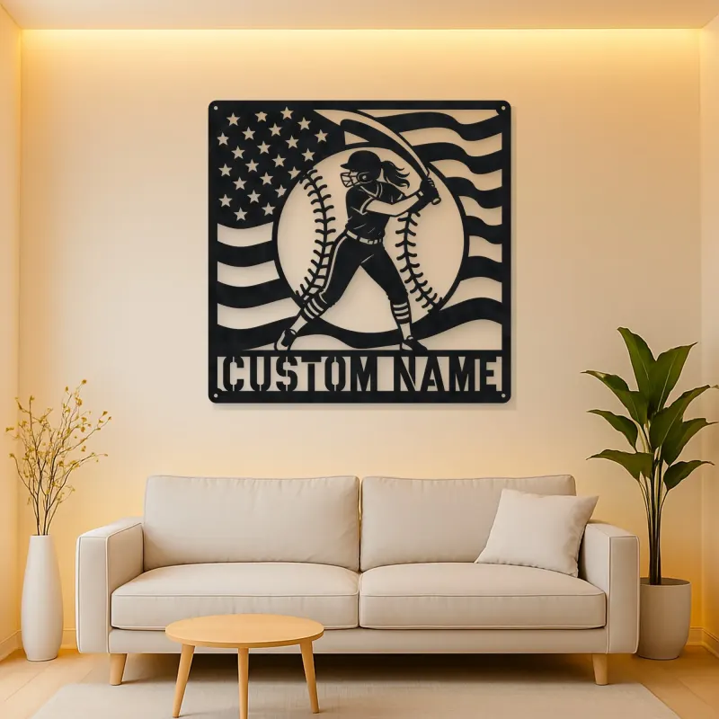 Personalized Female Softball Follow Through Flag Metal Wall Art