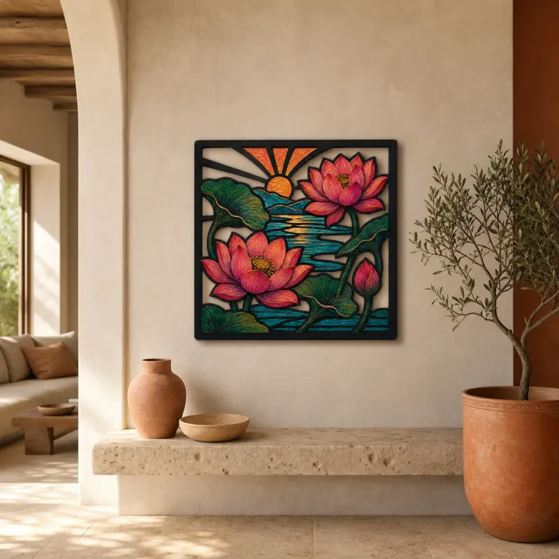Pink Lotus Pond beneath Radiant Sunrise Colorful Metal Wall Art
