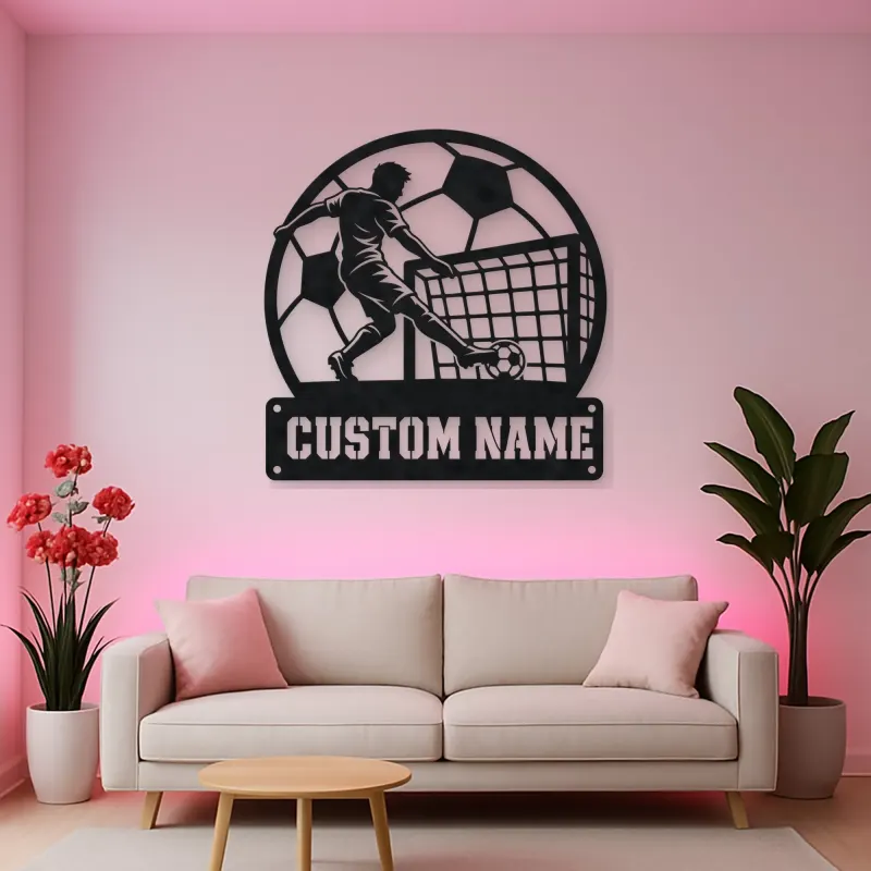 Personalized Soccer Player Metal Wall Art with Goal Scene