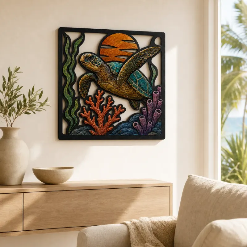 Sea Turtle Swimming through Colorful Coral Reef Metal Wall Art