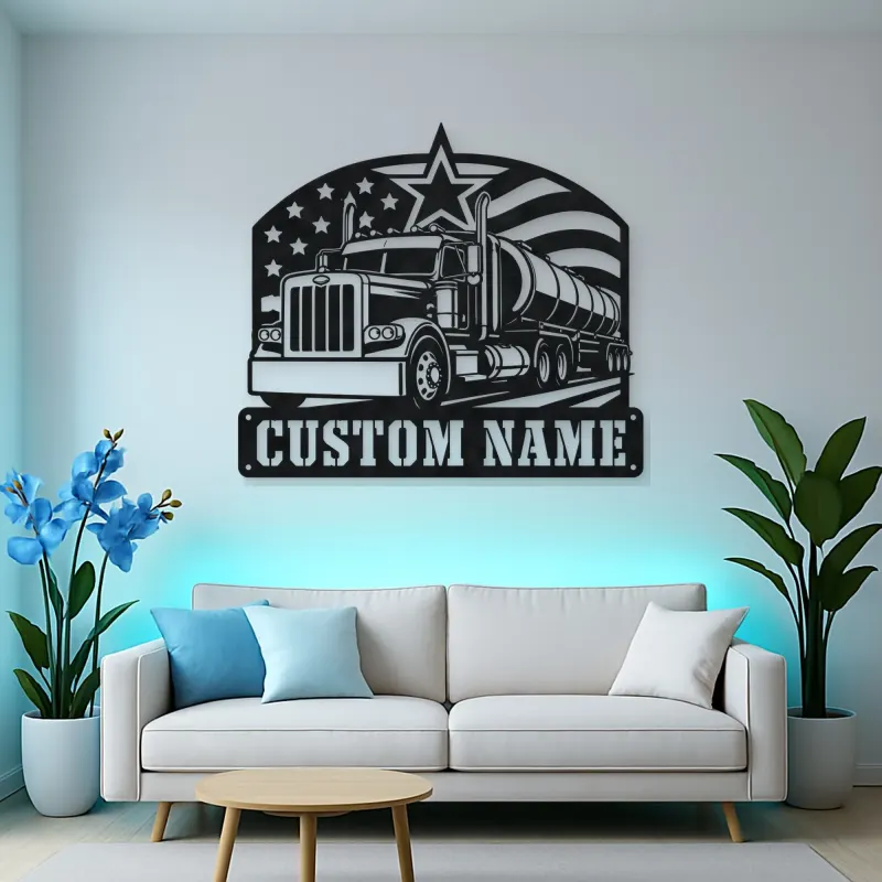 Personalized Tanker Semi Truck American Flag Metal Wall Art