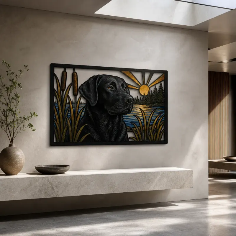 Black Labrador by Lake Cattails at Sunrise Colorful Metal Wall Art