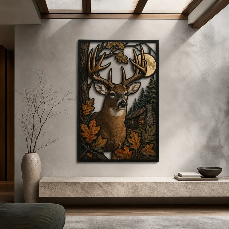 Whitetail Buck beside Rustic Hunting Cabin Colorful Metal Wall Art