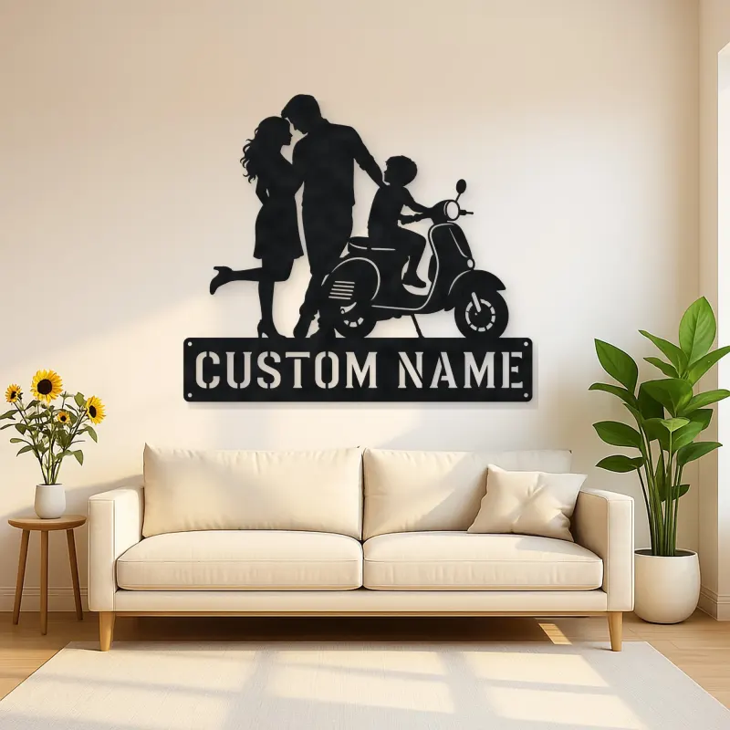 Personalized Scooter Family with Young Rider Metal Wall Art