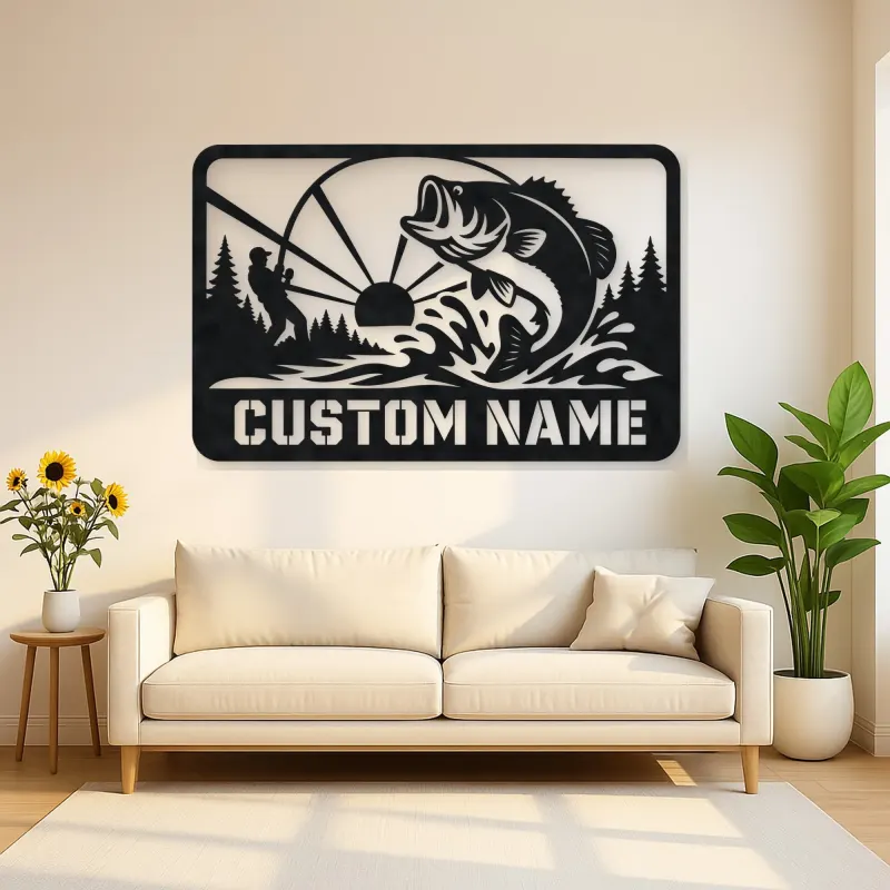 Personalized Bass Fishing Metal Wall Art with Fisherman