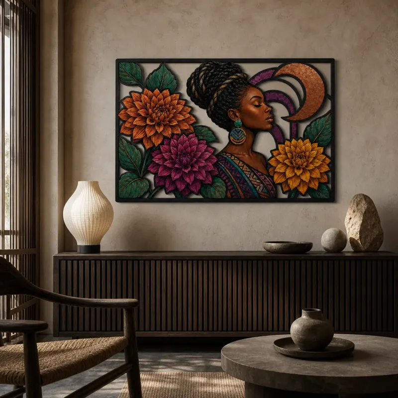 Afro Woman with Colorful Dahlias and Copper Circles Metal Wall Art