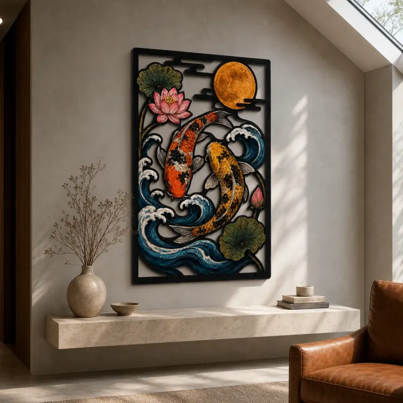 Koi Pair in Ocean Waves beneath Full Moon Colorful Metal Wall Art