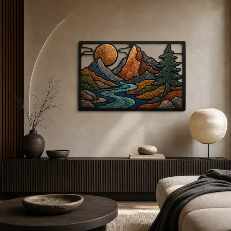 Mid Century Mountain River beneath Copper Moon Colorful Metal Wall Art