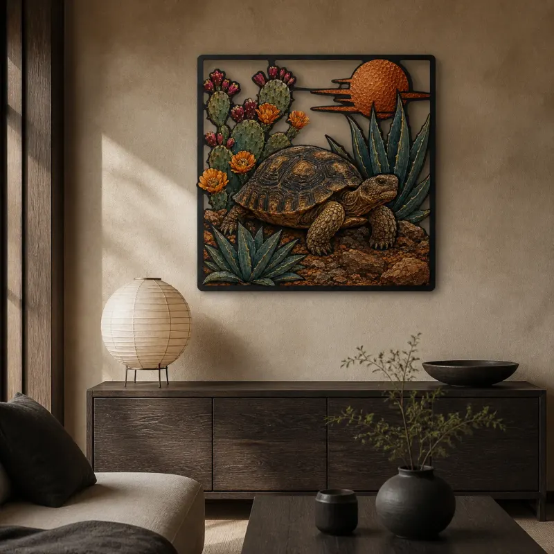 Desert Tortoise among Agave and Cactus Flowers Colorful Metal Wall Art